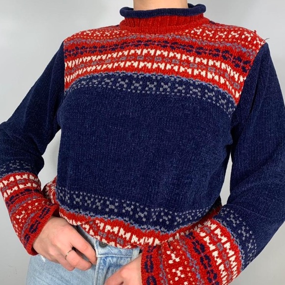 VINTAGE GRANDMA PATTERN CHUNKY KNIT VELVET SWEATER - Picture 3 of 4